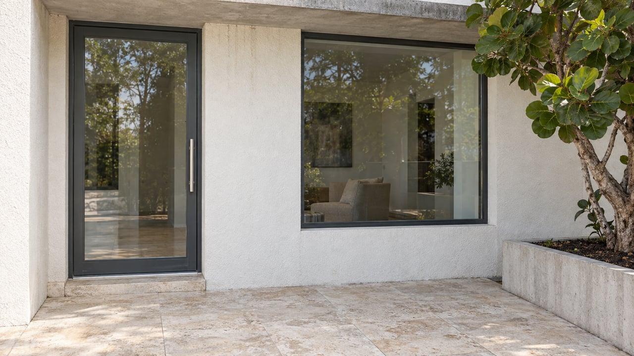 Close view of a warm-white contemporary home's glazed entrance, limestone approach and raised planter with a sea grape tree.