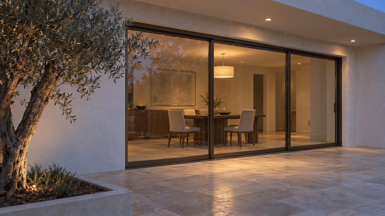 A stucco house with a closed glass door glowing warmly at dusk, beside an olive tree on a stone terrace.
