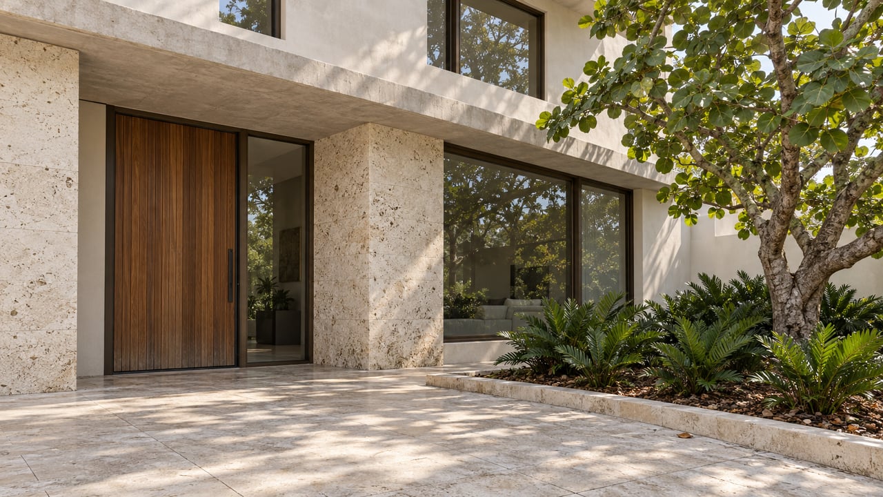 Ivory villa entrance with a teak door, coral limestone pier and a sea grape tree beside a stone arrival terrace.