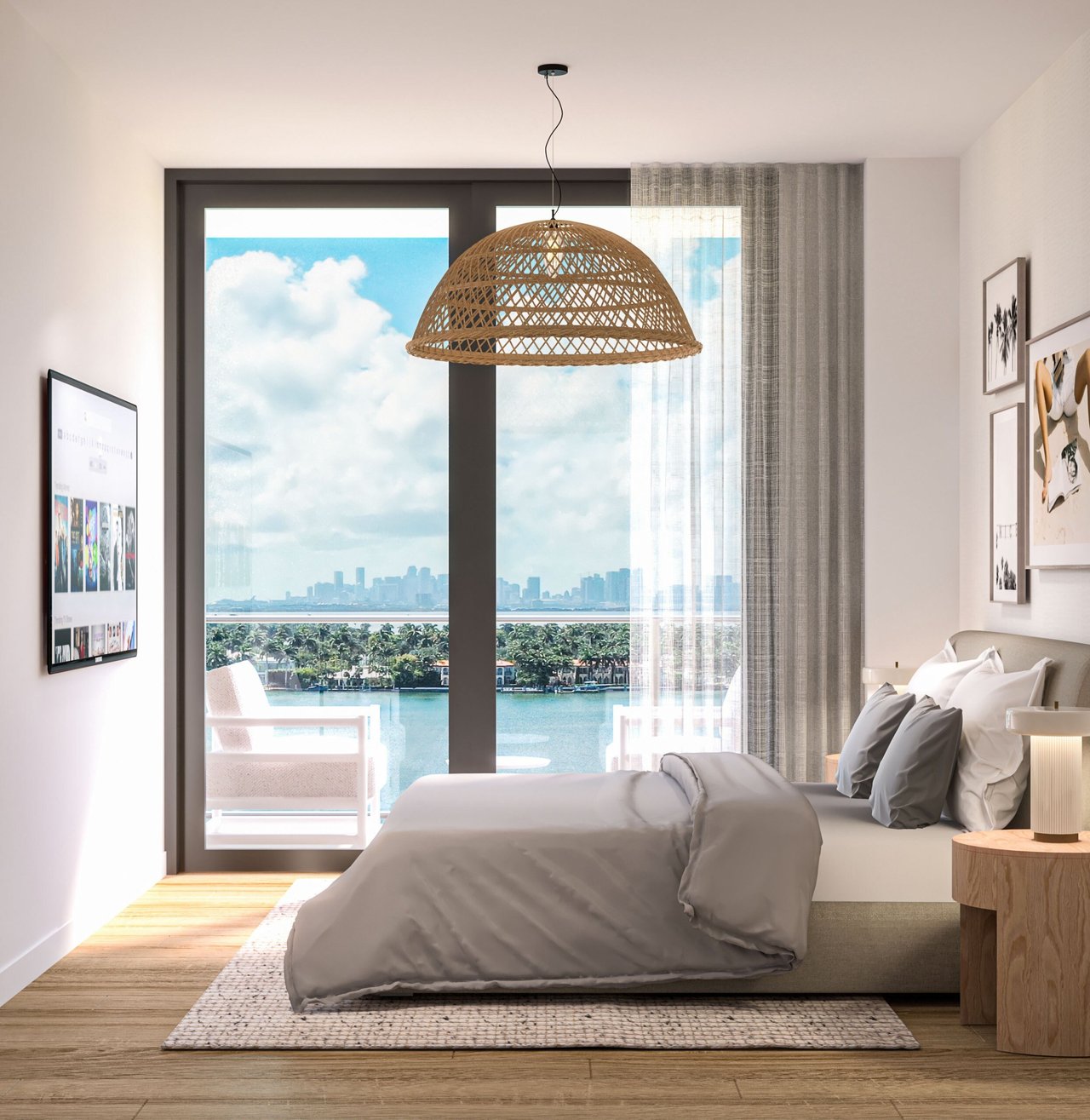 Rendering of a primary bedroom opening onto a terrace at Ella Miami Beach.