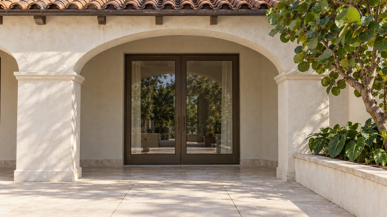 Ivory stucco loggia with terracotta roof tiles, bronze-framed glass doors, limestone paving and a sea grape tree in a raised planter.