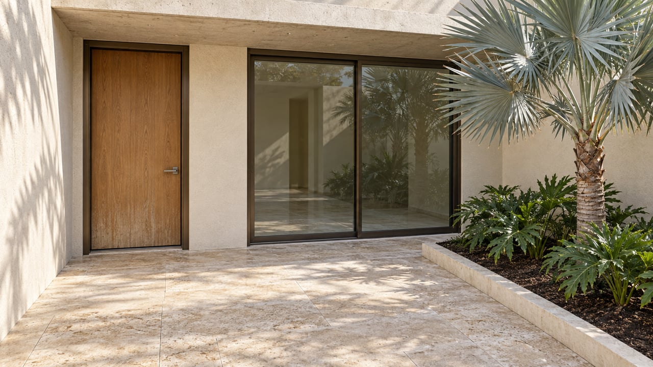 Sunlit cream-stucco home entry with an oak door, bronze-framed glass and pale travertine beside a silver fan palm.
