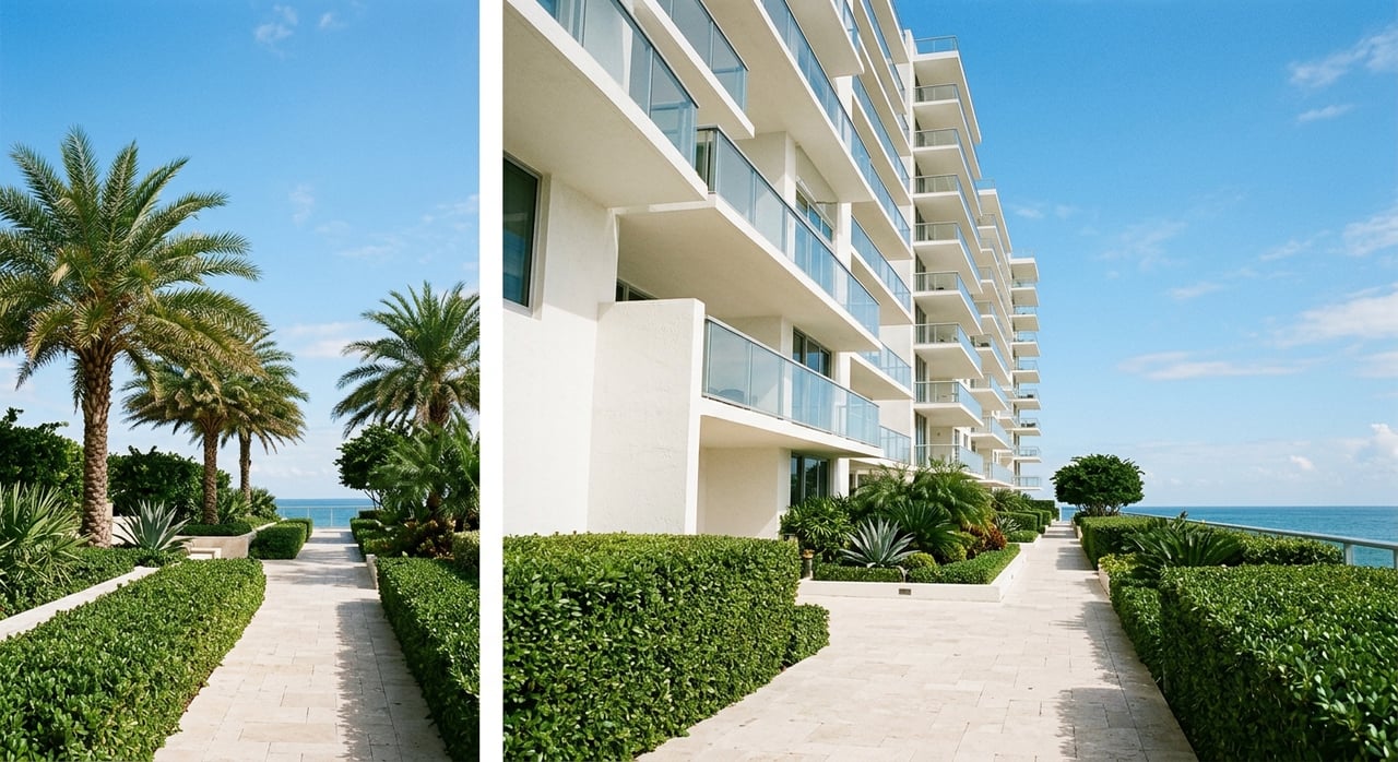 Modern white condo balconies rise behind palm trees, a clipped hedge, and a cream limestone garden walkway.