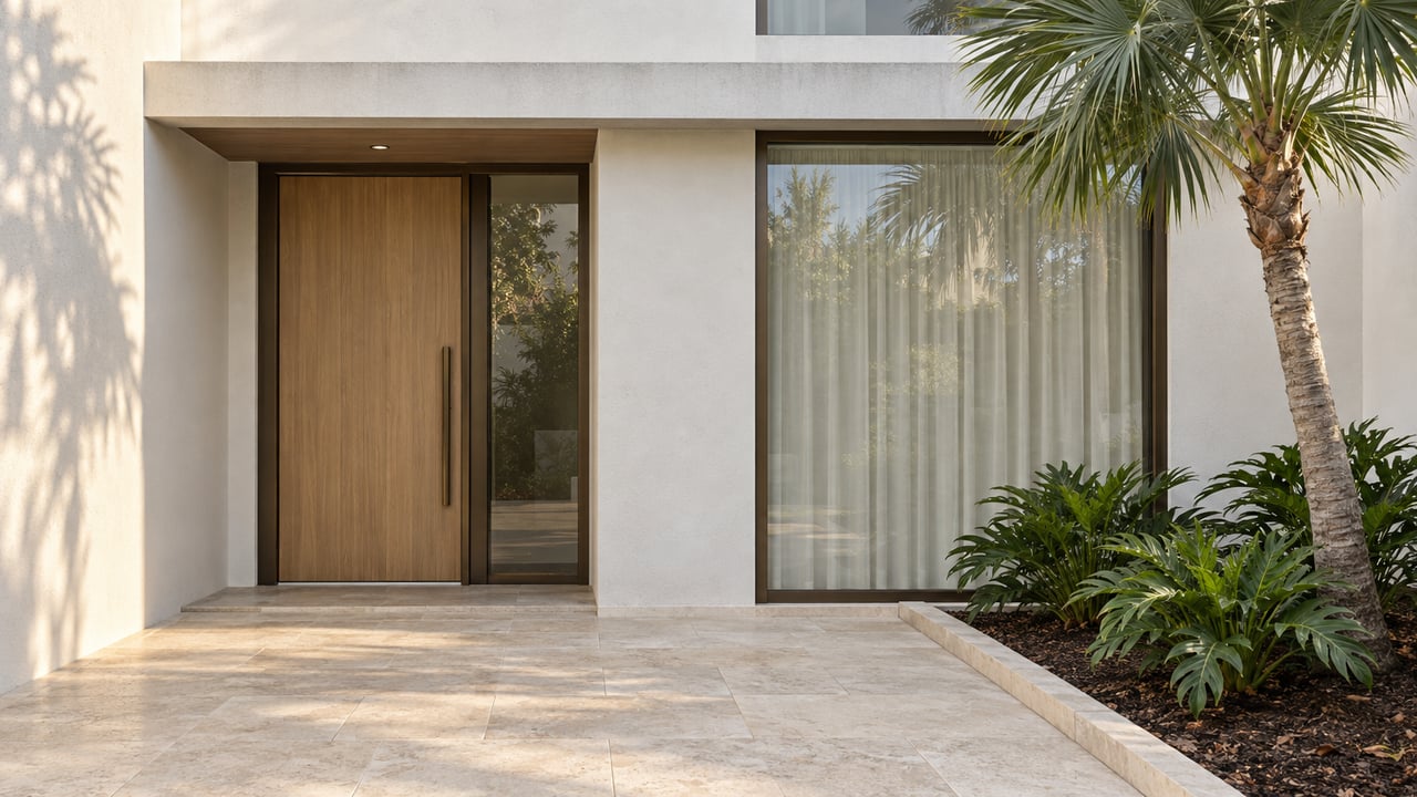 Modern white-stucco home entrance with a wood-toned door, bronze-framed glazing, pale limestone paving and a silver fan palm in a raised planting bed.