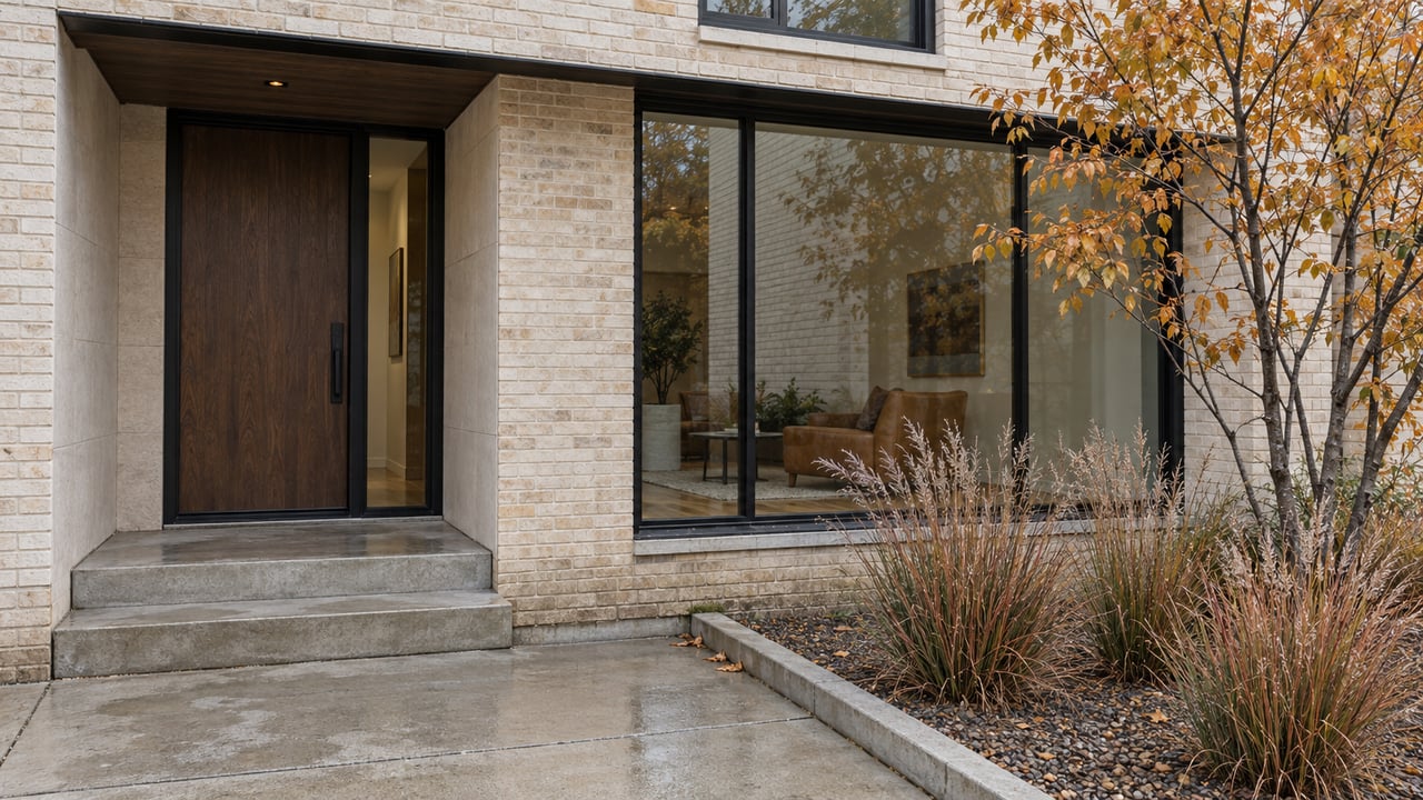 Cream brick home with a recessed oak entrance, black-framed windows and autumn serviceberry beside a concrete approach.