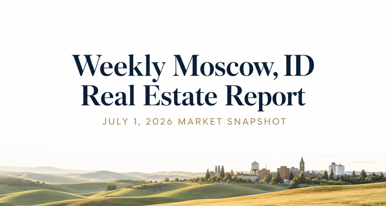 Professional header graphic for the July 1, 2026 Moscow, ID weekly real estate market report showing current housing market activity and inventory by price range.