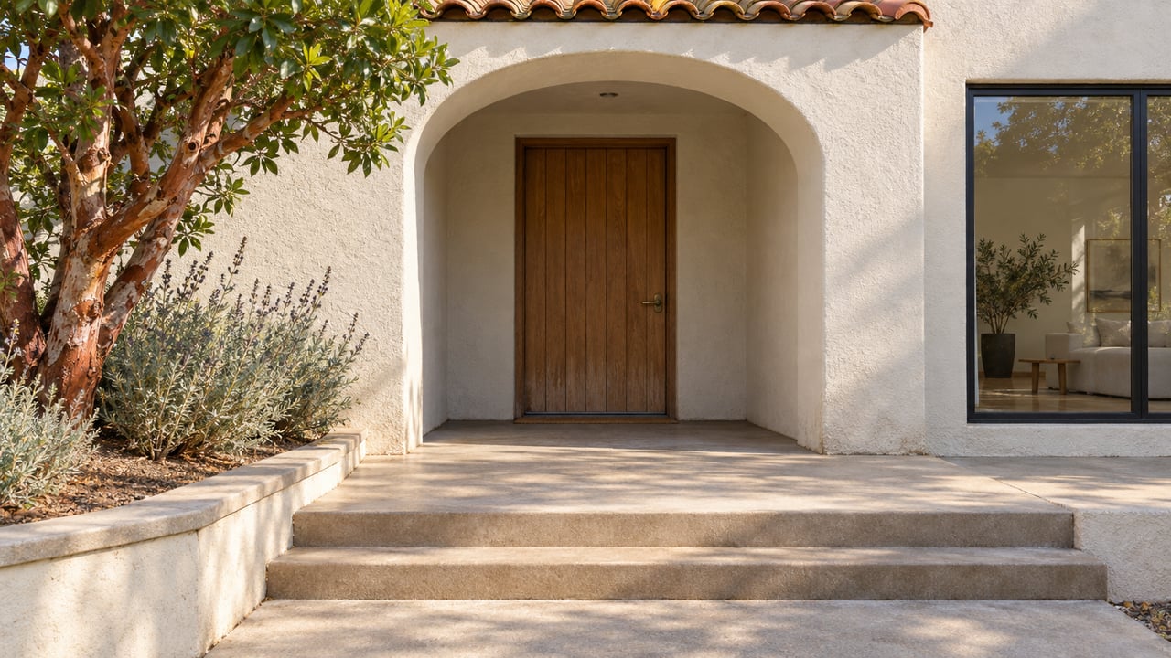 Sunlit stucco entrance with an arched oak doorway, terracotta tiles, buff concrete steps and a peeling-bark strawberry tree.