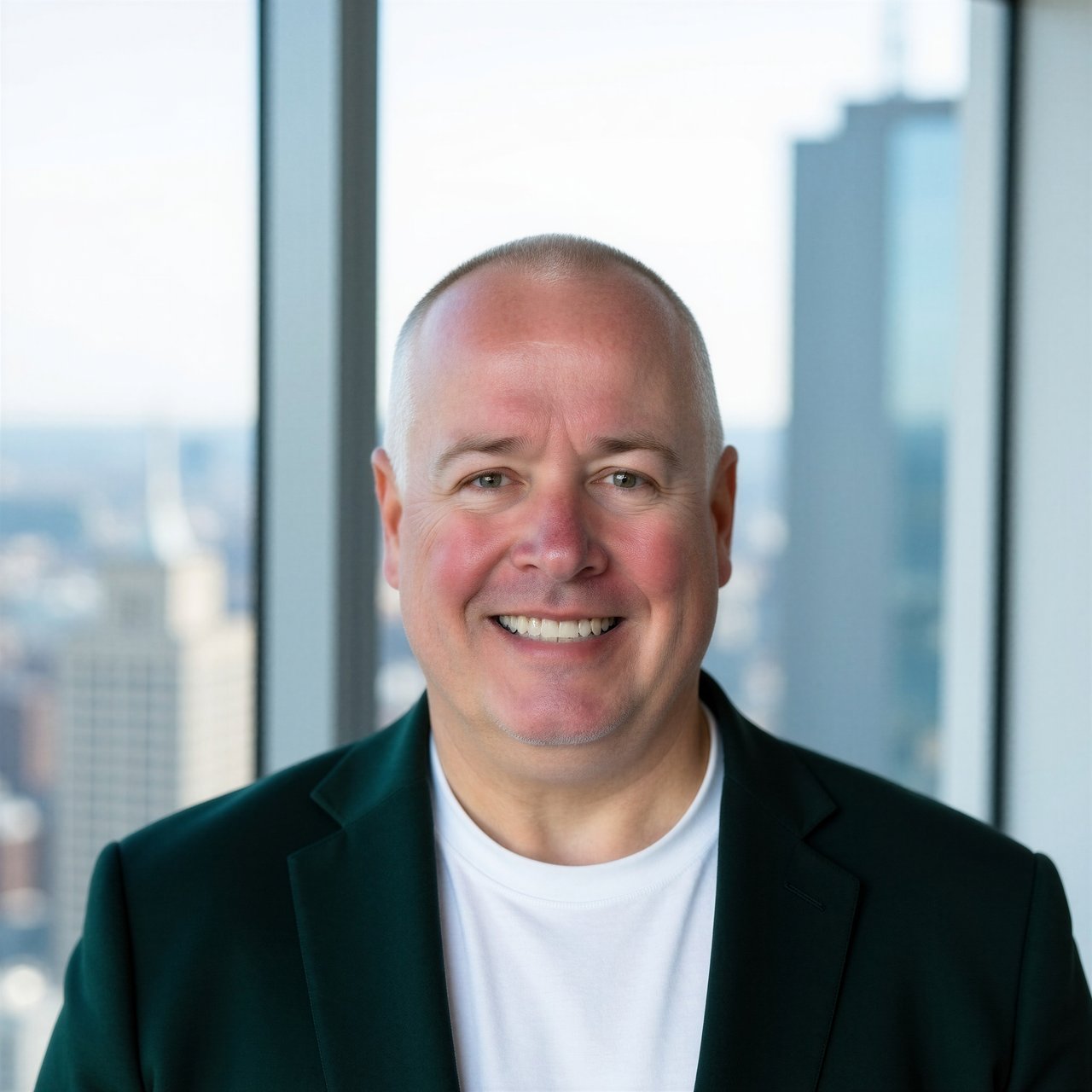 Smiling bald man in a dark blazer and white shirt, with city buildings visible through office windows.