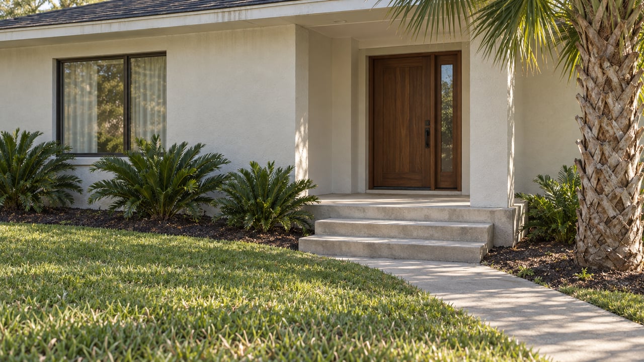Raised stucco home entry with broad concrete steps, walnut door, glazed sidelight, and palm-fringed lawn.