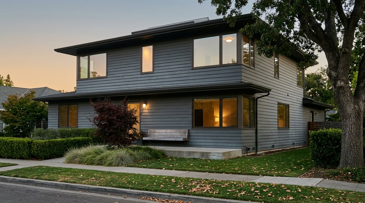 Two-story charcoal-gray house with warm glowing windows, a front lawn, and an oak tree overlapping the roofline.