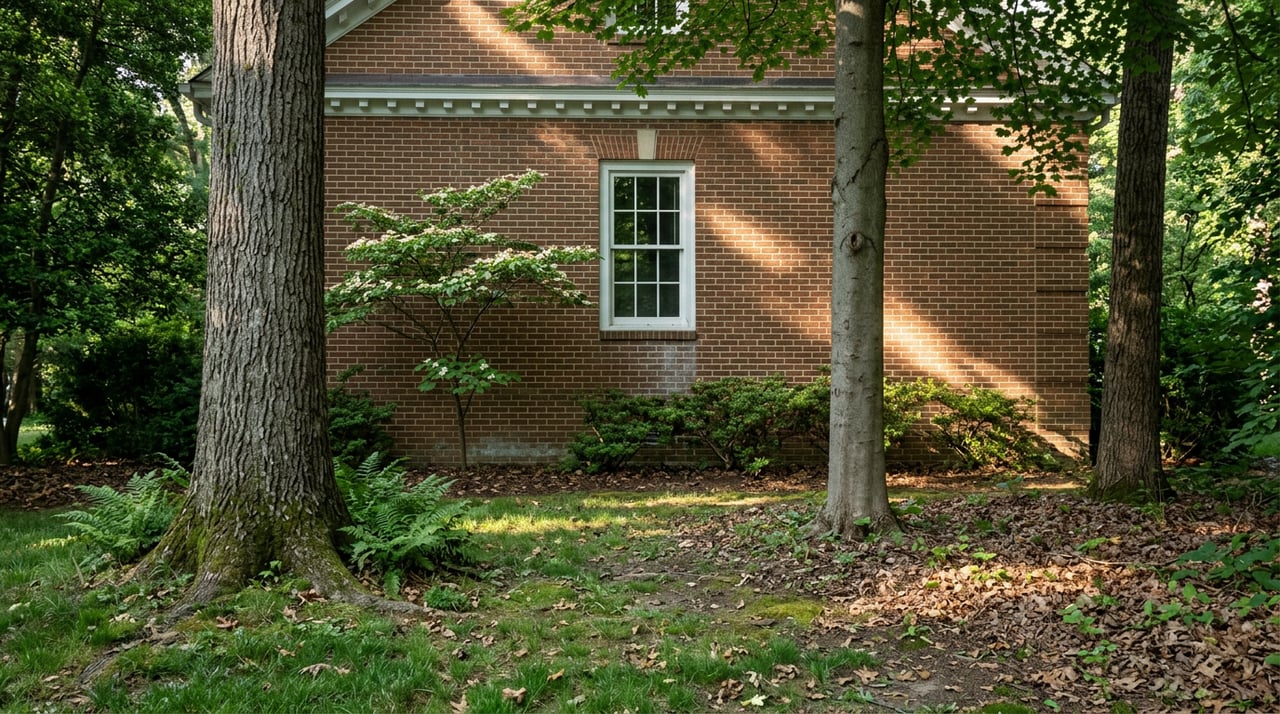 Mature trees frame a red-brown brick house, with a white-trimmed window beneath dappled canopy light.
