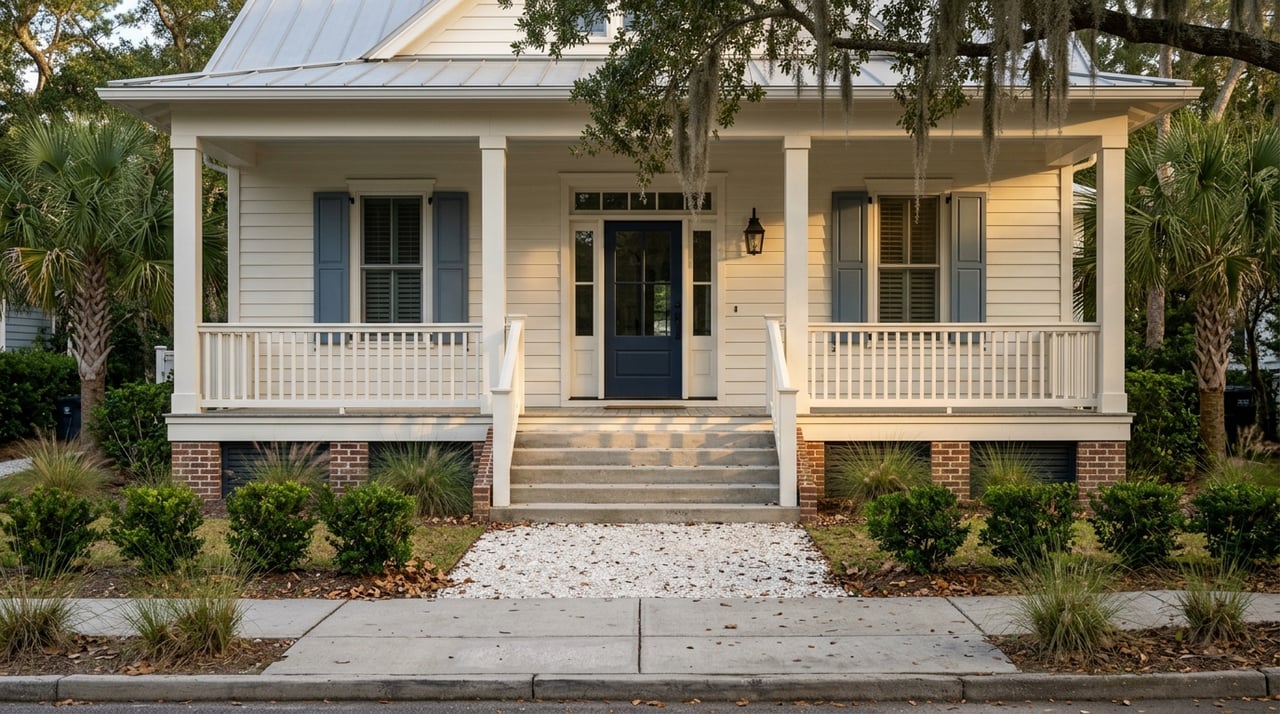 Raised coastal-style porch beside a sidewalk and oyster-shell path