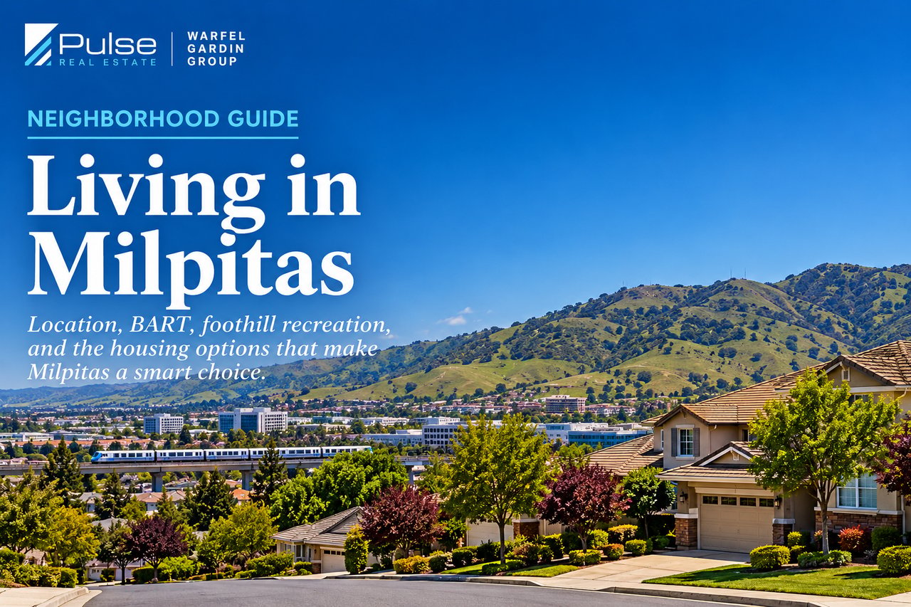 Milpitas neighborhood guide featuring foothills, homes, and a BART train.