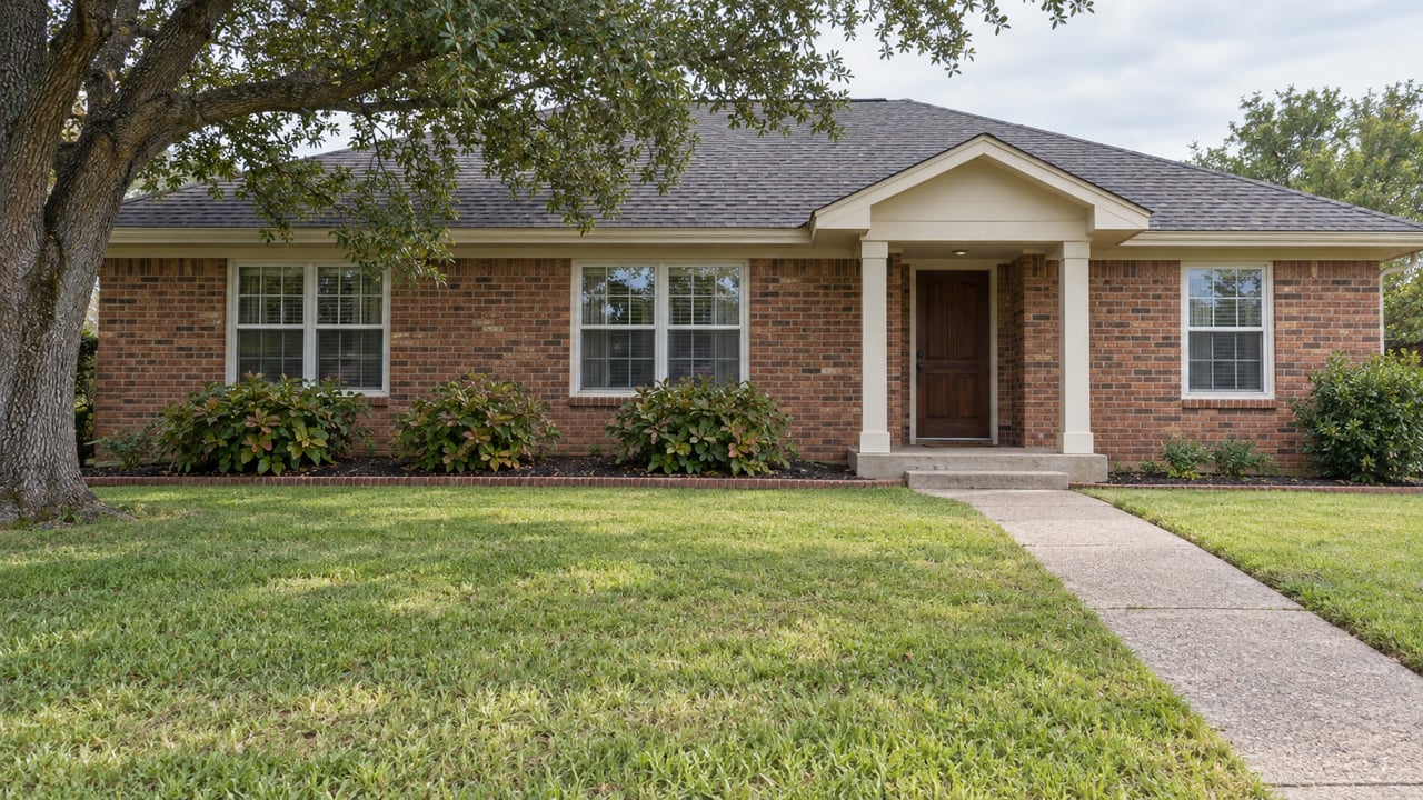 A one-story reddish-brown brick home with a covered front entry, broad lawn, and mature spreading oak in soft daylight.