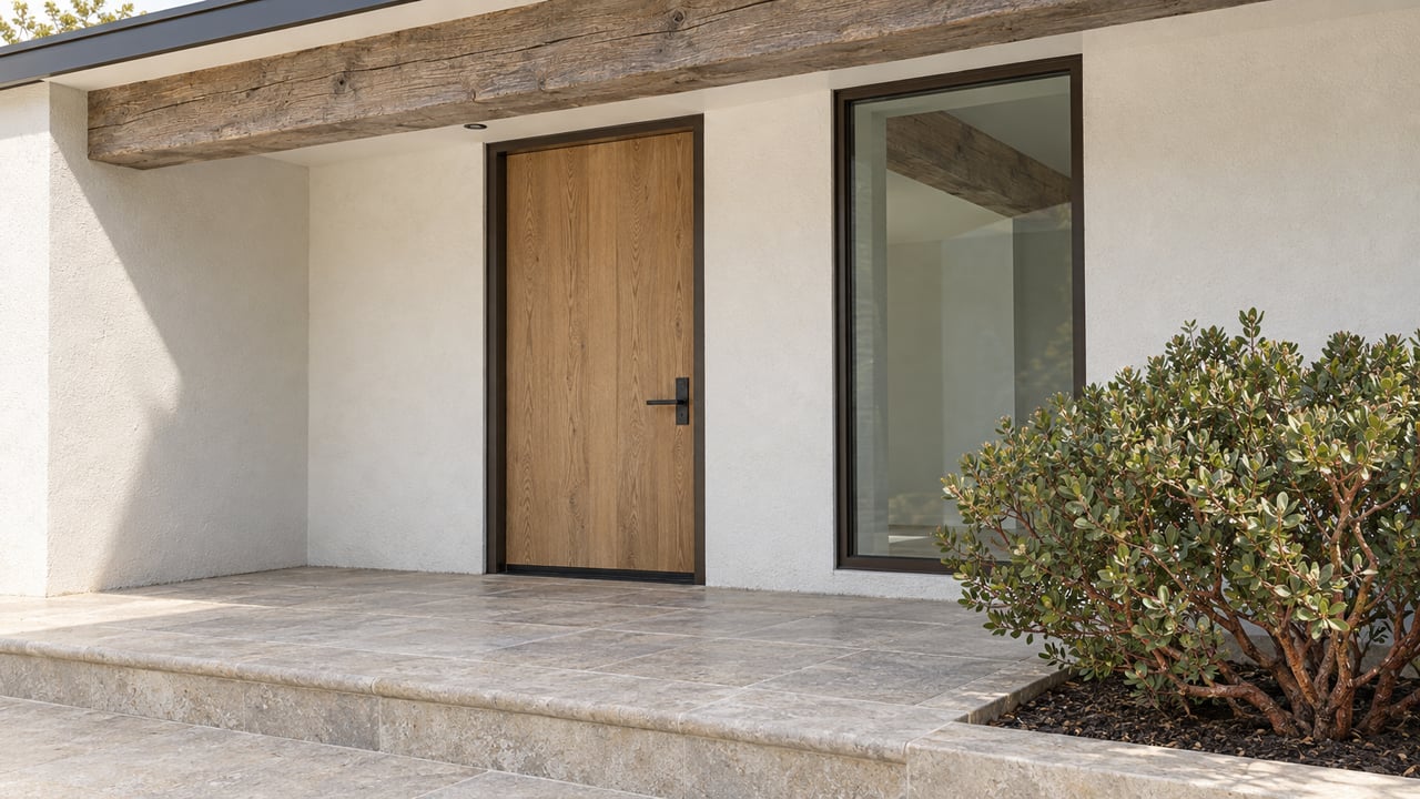 Close view of an oak front door beneath a timber porch beam, with white stucco, a bronze-framed window and a limestone landing beside a manzanita.