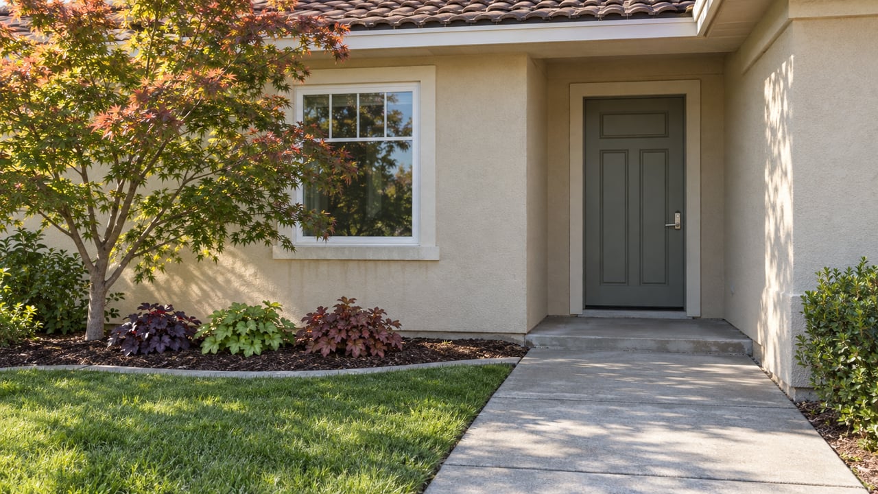 Sunlit beige stucco entry with a gray-green door, white-trimmed window, Japanese maple and concrete garden approach.