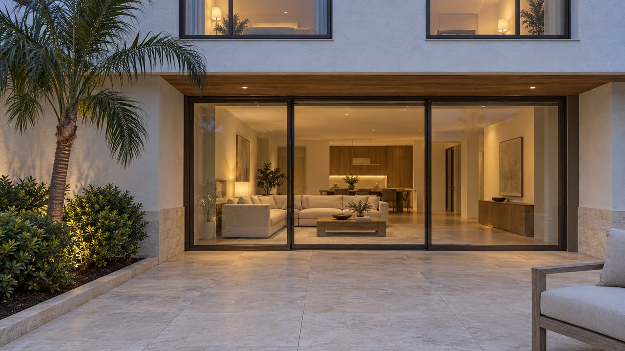 A compact limestone terrace beside a white stucco home, with warm enclosed interiors, a teak chair and a sculptural palm at dusk.