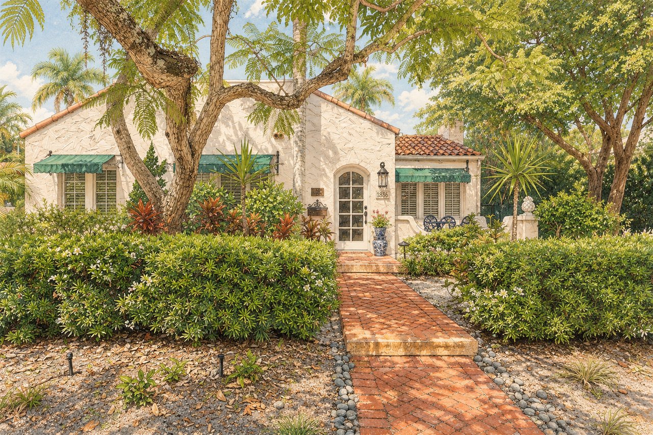 House exterior with green awnings, tropical landscaping, and a brick walkway to the arched front door.