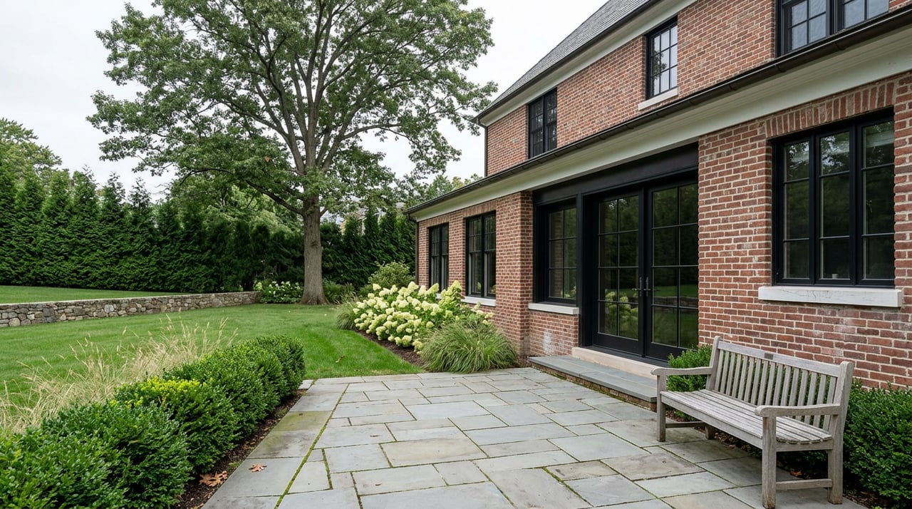 Brick home’s rear facade and bluestone terrace overlook a deep lawn, with a white oak and low fieldstone wall.