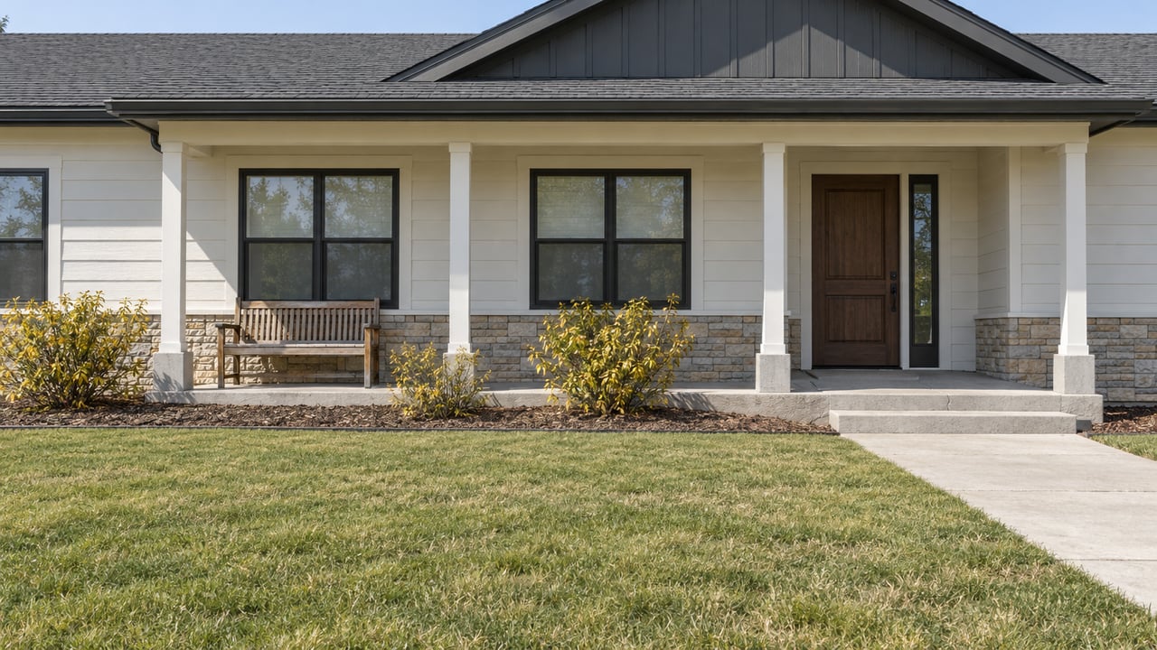 Ivory-sided ranch home with black-framed windows, a covered porch, and a deep lawn in clear late-morning light.