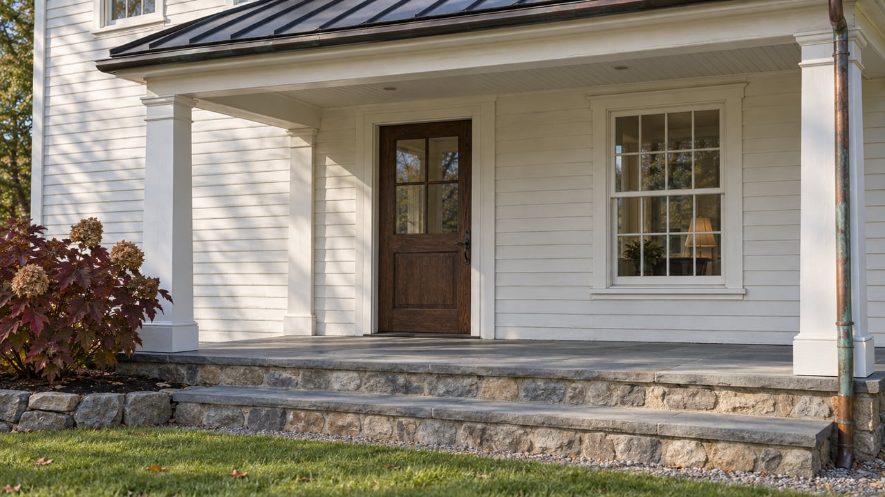 Covered clapboard entry with an oak door, divided-pane window, bluestone steps, and autumn oakleaf hydrangea.