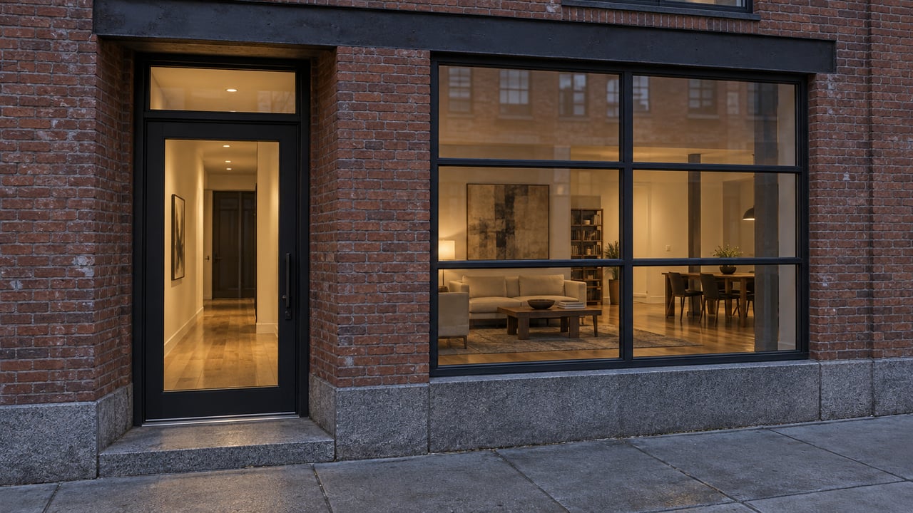 A russet-brick residential loft entrance with a recessed steel-and-glass door, warm-lit window and worn granite step at dusk.