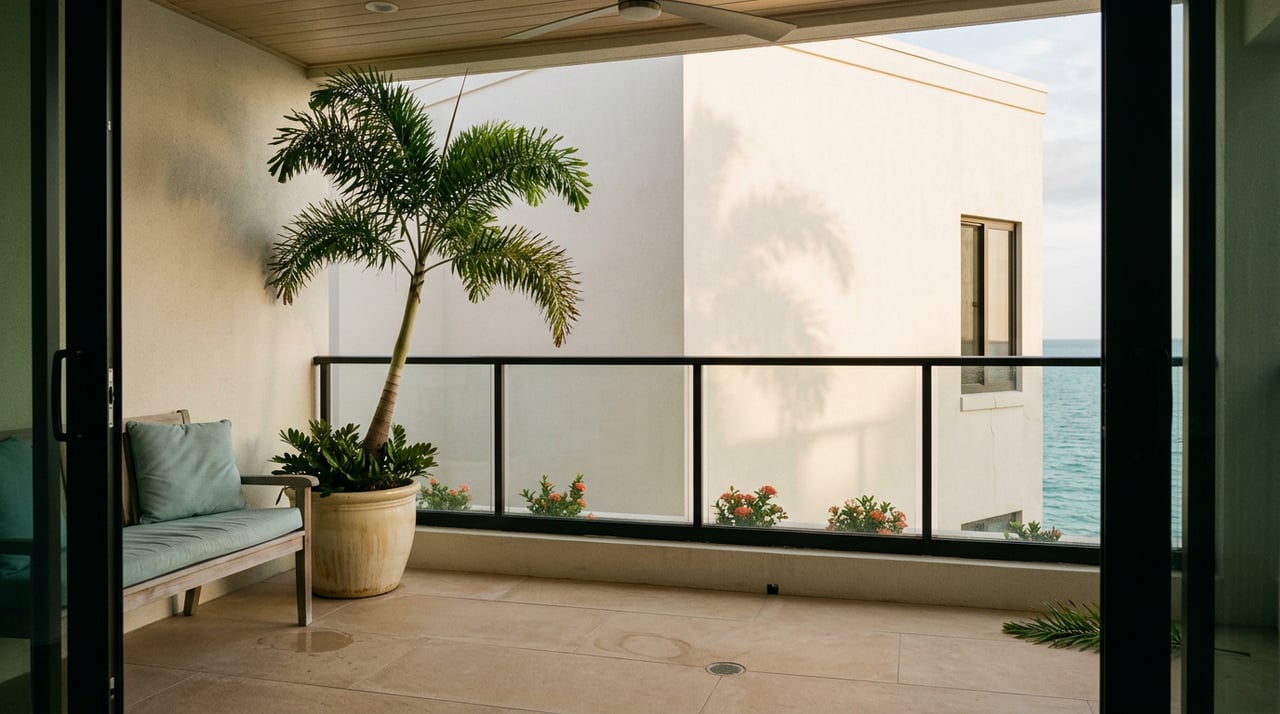 Condo balcony with a teak bench, palm planter, coral flowers, and turquoise water beyond the glass railing.