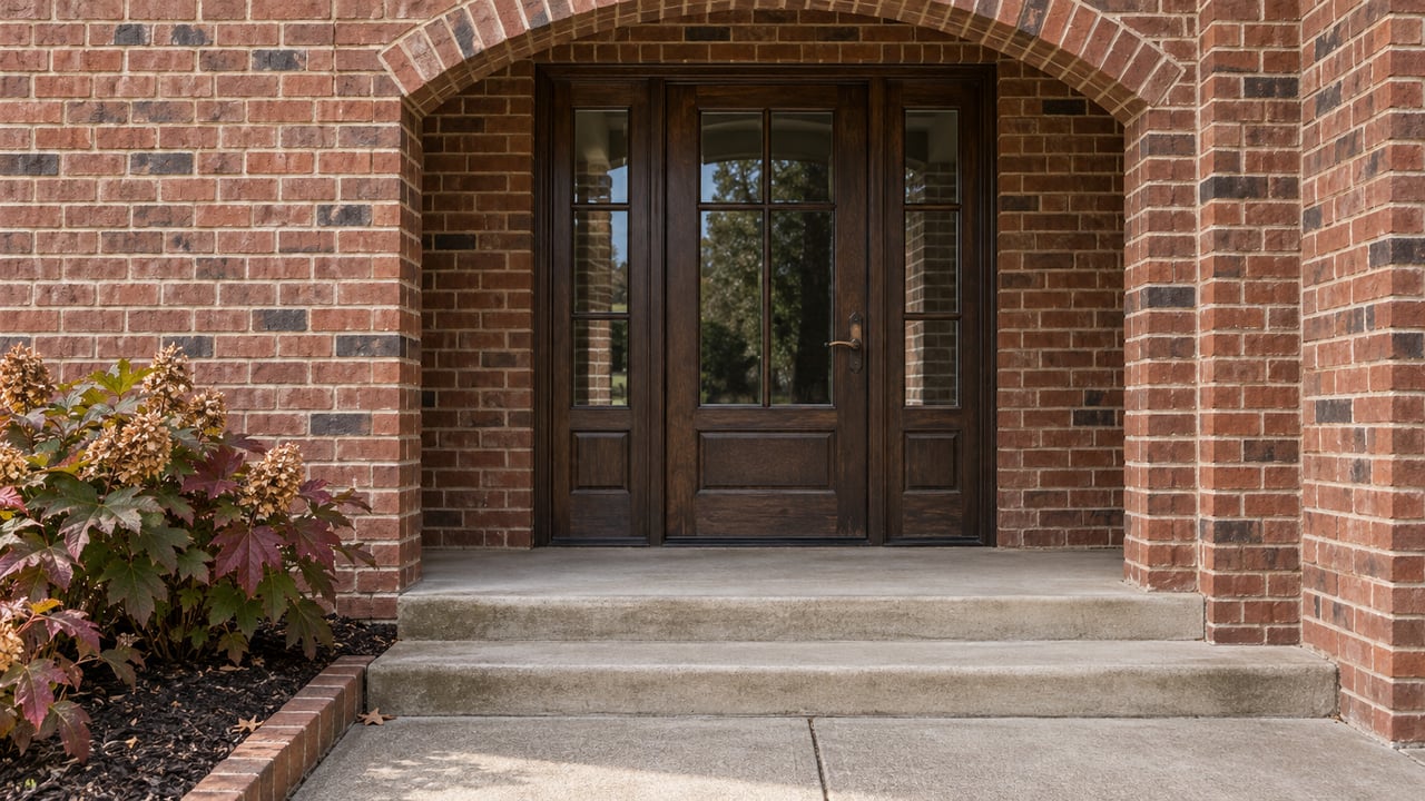Brick-arched home entrance with dark wood-framed glass, broad concrete steps, and oakleaf hydrangeas showing autumn color.