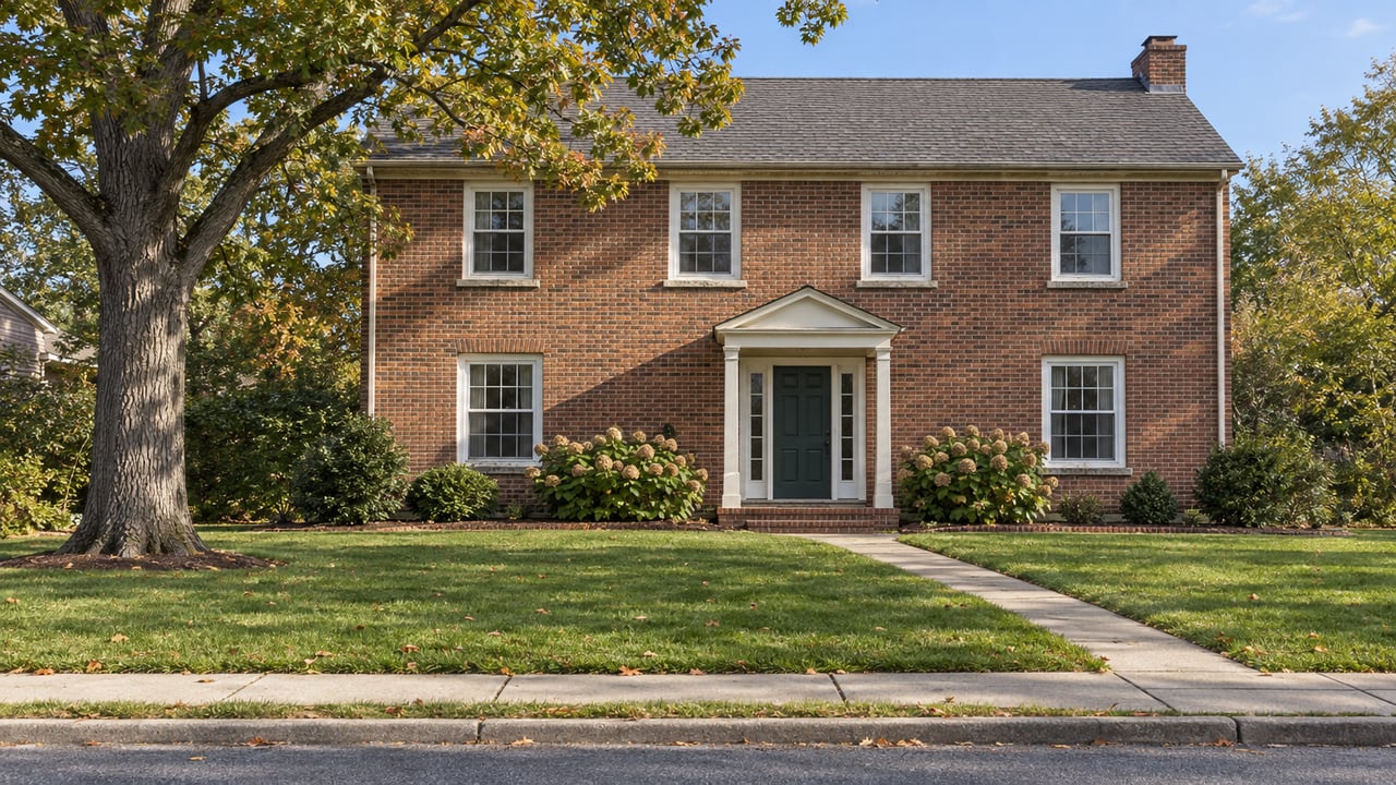 Two-story red-brown brick house behind a broad lawn, with a mature oak and concrete walk to the entry.