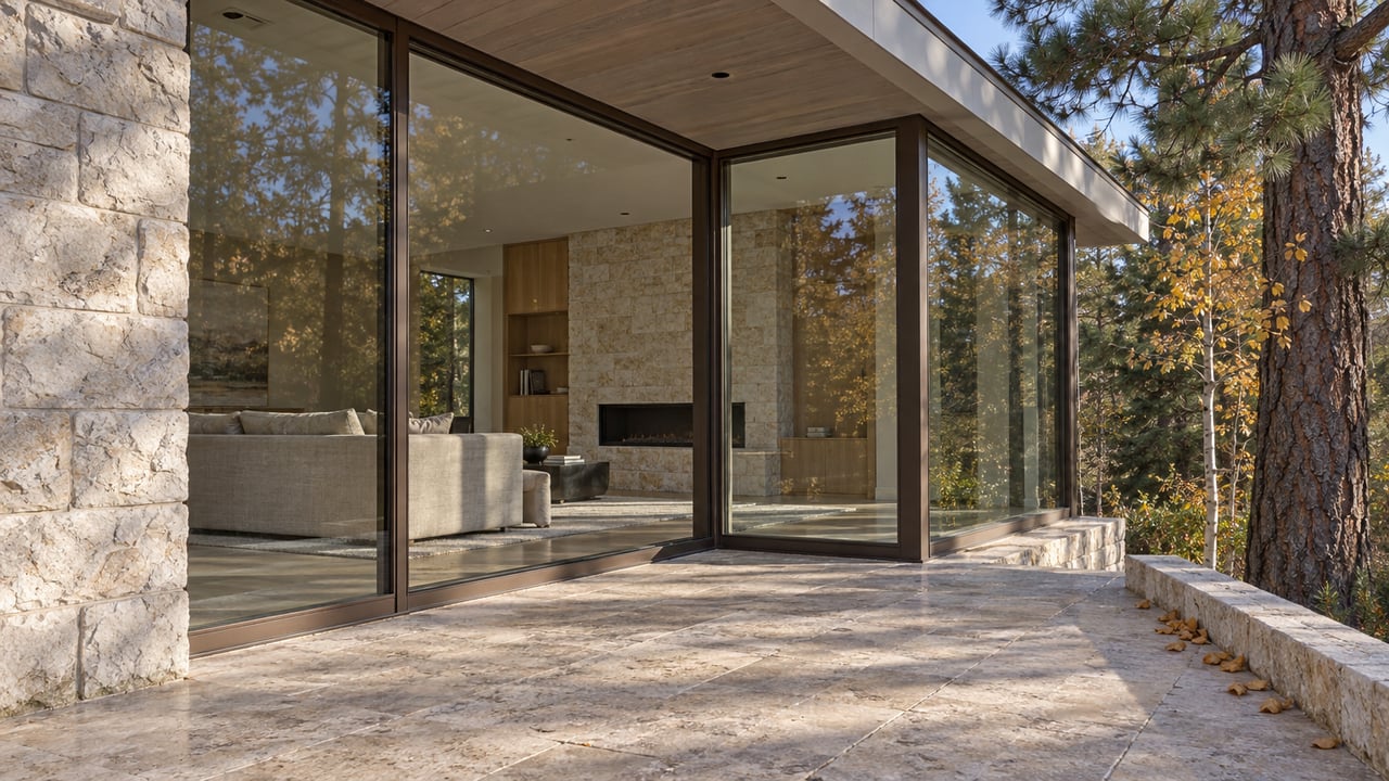 Pale limestone and bronze-framed glass beneath a deep roof overhang, with a travertine terrace and autumn aspen beside a mature pine.
