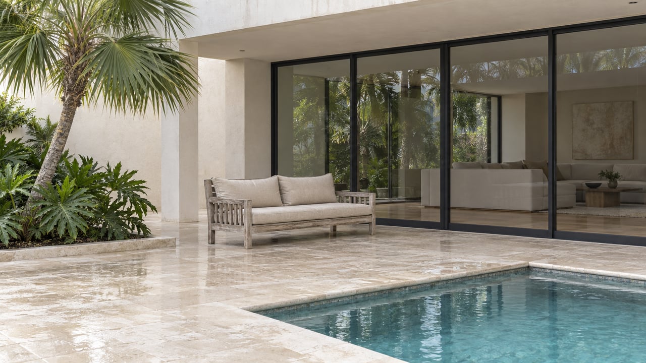 Limestone pool terrace beside a glazed living-room wall, with teak bench and palm in a planted bed.