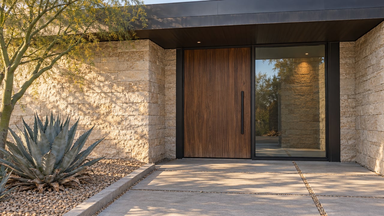 Desert-modern home entry with a walnut door, limestone walls, deep metal overhang and blue-gray agave beside concrete pavers.