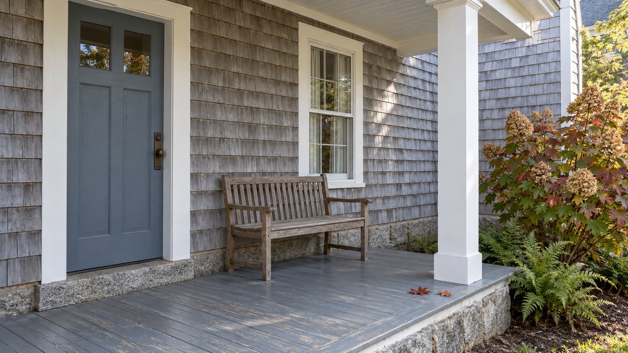 A weathered cedar-shingle home entrance with a blue-gray door, oak bench, and autumn hydrangea beside a covered porch.
