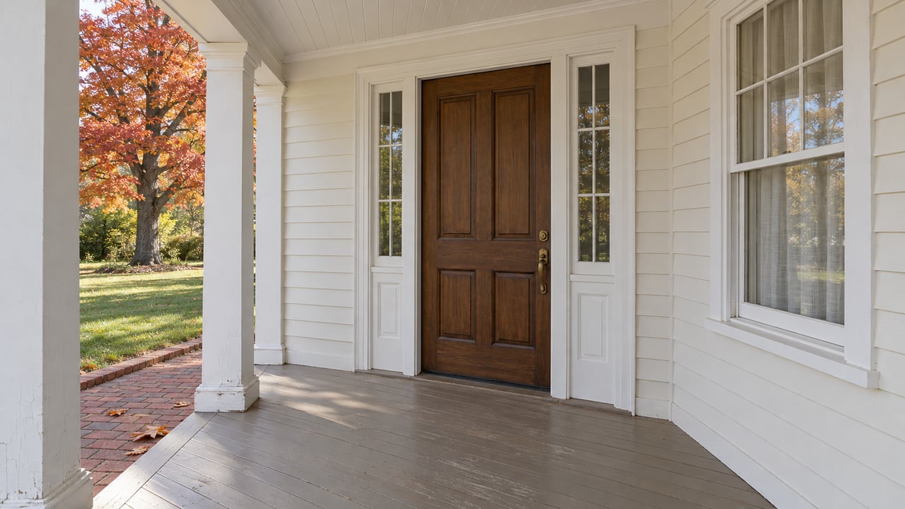 Autumn daylight on an ivory clapboard home's covered porch, with an oak entry door, paired sidelights and a brick walk beside a maple tree.