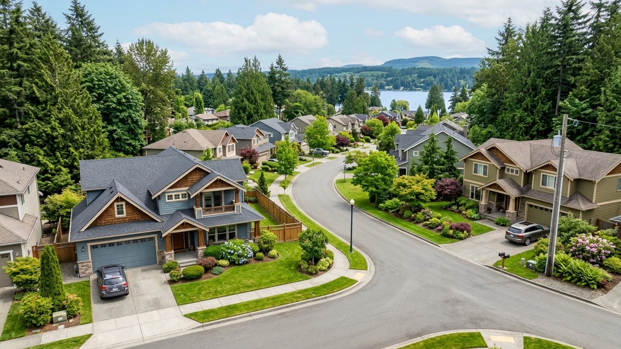 Aerial neighborhood view of homes along a curving street, with a lake beyond the trees.