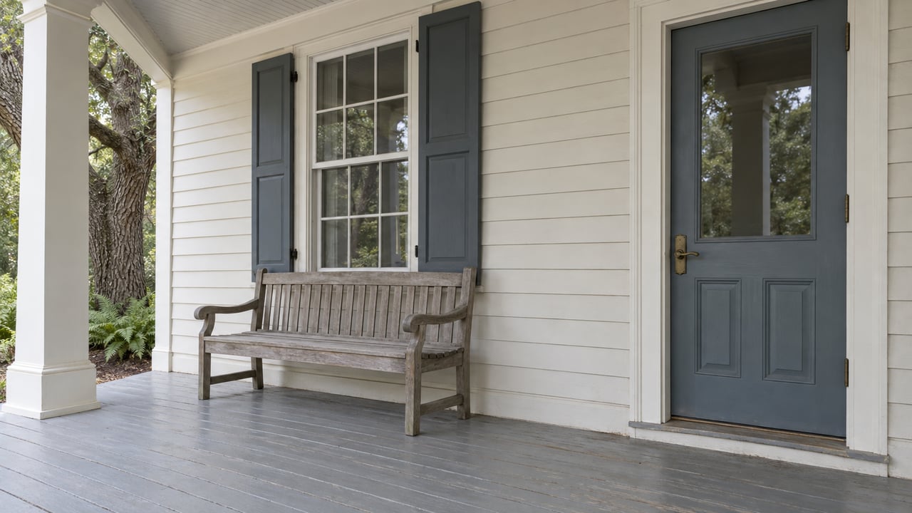 Light clapboard home with a blue-grey glazed entry door, paired window shutters and a weathered teak bench on a deep painted porch beside a mature live oak.