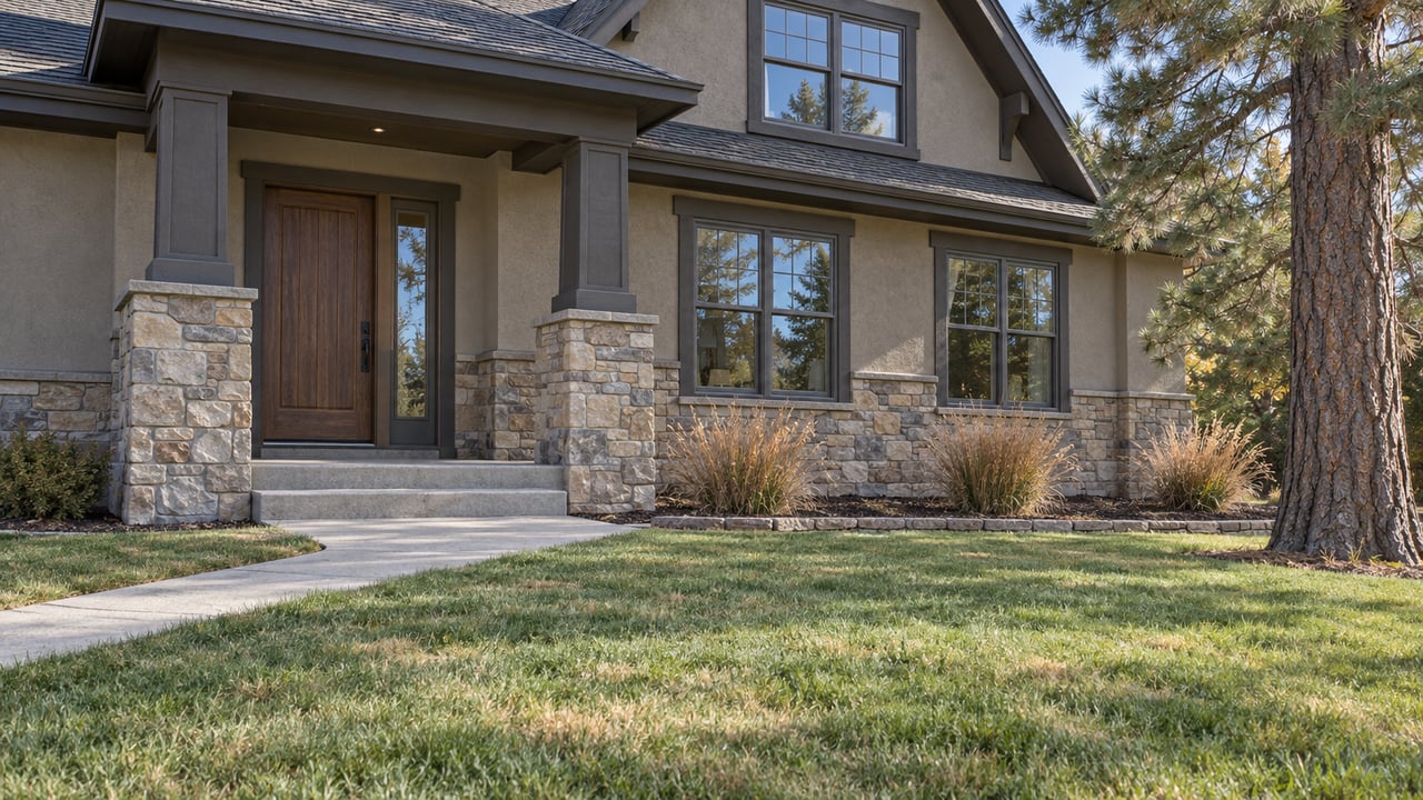 Autumn daylight on a gabled stucco and sandstone home, with a deep lawn, concrete entry path and mature ponderosa pine.
