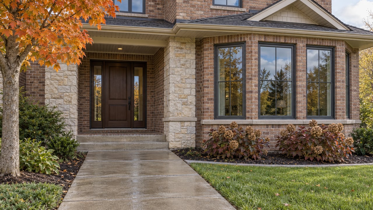 Brick-and-limestone home entrance beside tall windows, with a rain-darkened concrete approach and autumn planting.