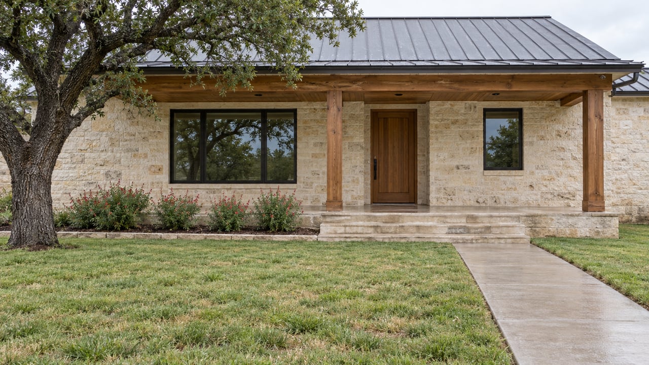 Limestone and cedar home with a deep covered porch, dark metal gable roof, mature live oak, and broad front lawn under soft daylight.