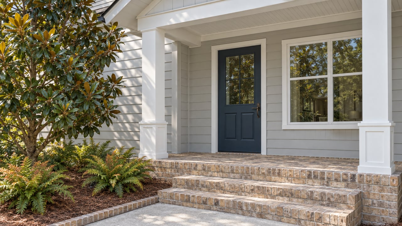 Covered entry with oyster-gray siding, a navy door, broad brick steps and a magnolia beside the porch.