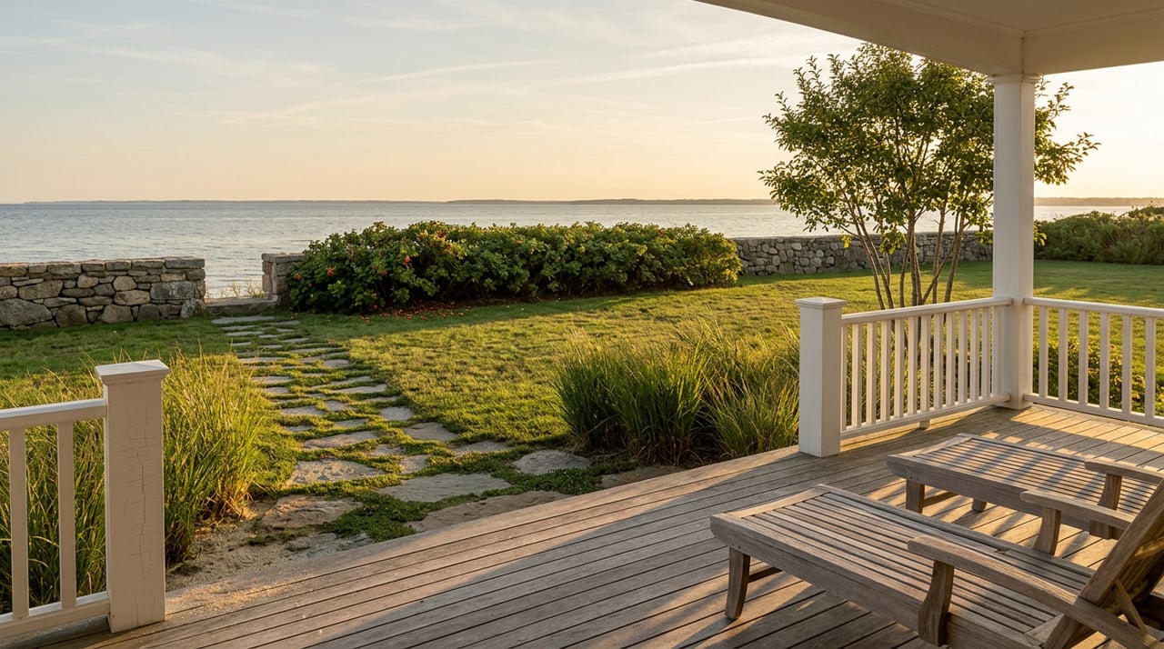 Weathered porch overlooking a broad lawn, fieldstone path, rose-hip hedge, and calm water beyond a stone wall.