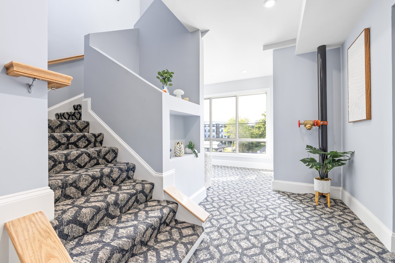 Carpeted staircase and bright landing with a large window, light wood handrails, and a potted plant.