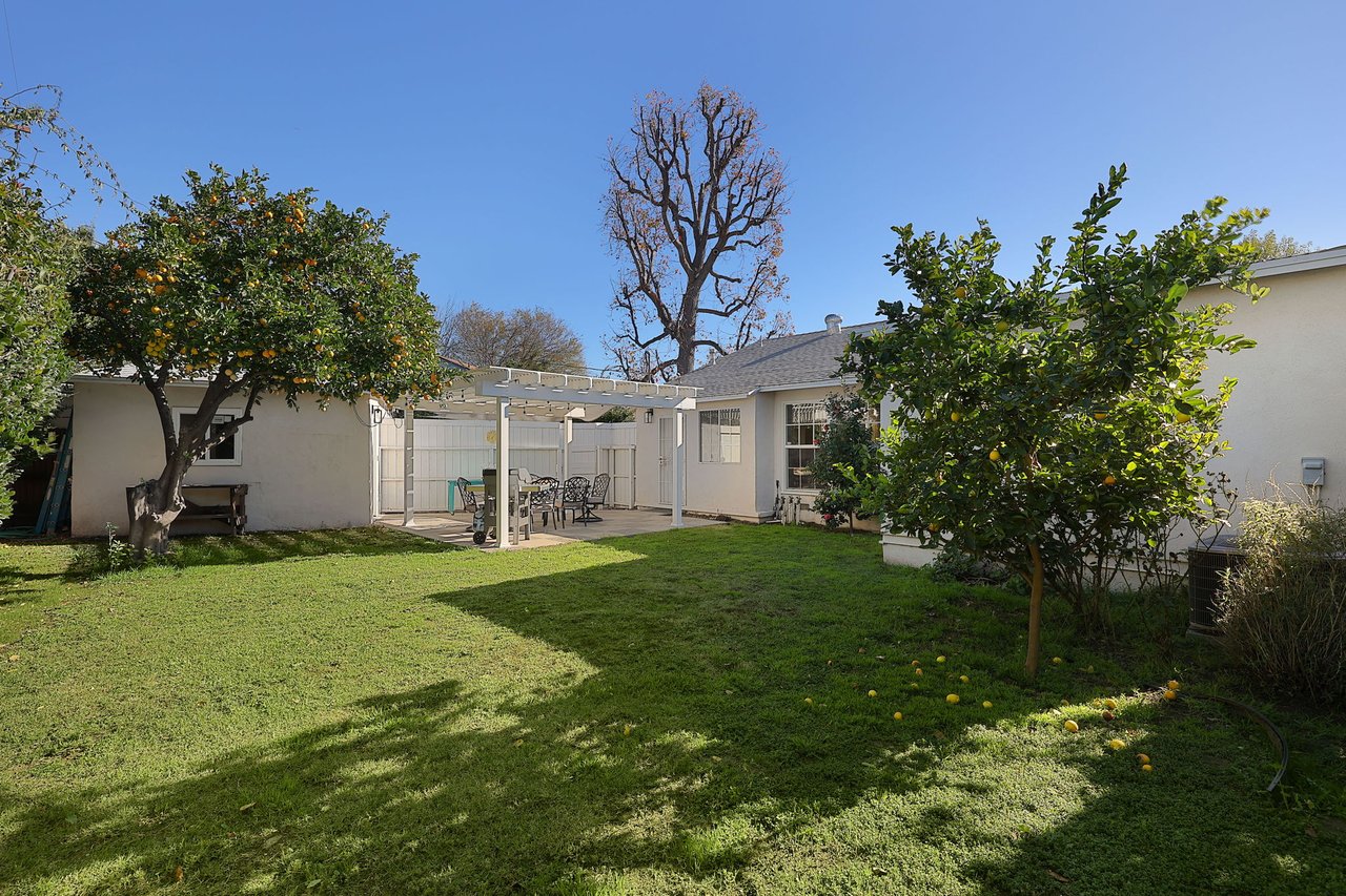 Spacious backyard with mature citrus trees, white pergola, and patio at Lake Balboa home