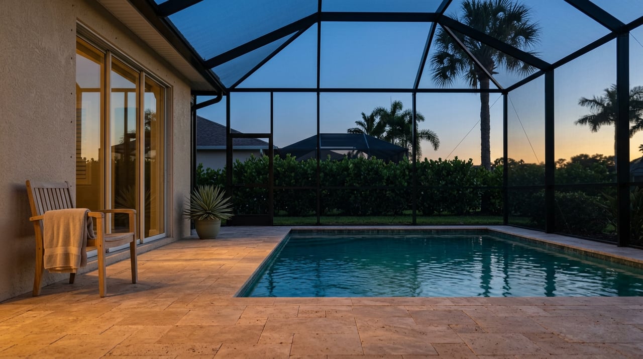 Screened lanai overlooking a turquoise pool at dusk, with palm silhouettes and warm light spilling from sliding doors.