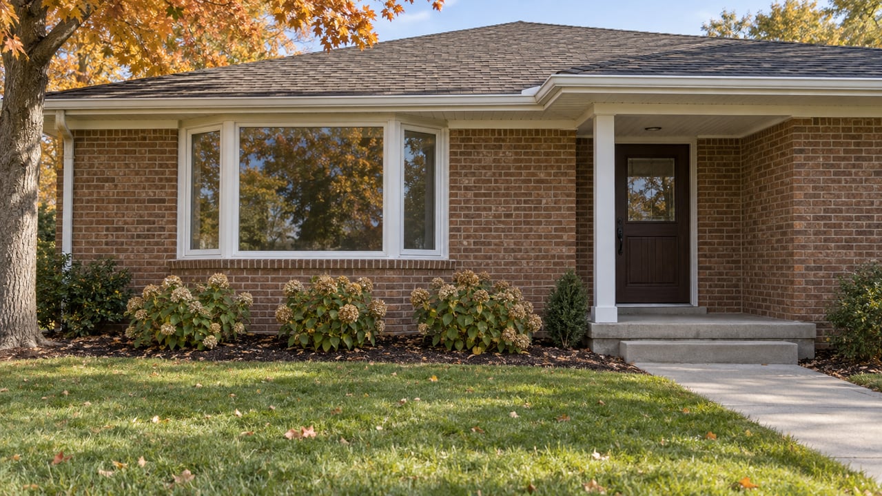 Brick ranch bay window and covered front entry overlooking a lawn with an amber sugar maple and faded hydrangea flowers.