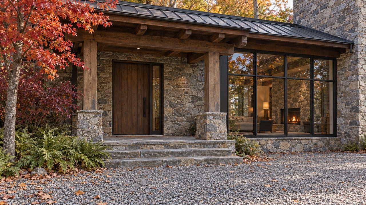 Stone and timber home entry beside black-framed windows, with autumn leaves scattered across a gravel approach.