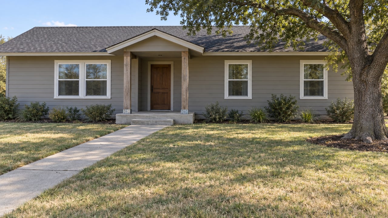 A modest gray ranch house with a timber-post porch, a deep partly dormant lawn and a mature oak beside the entry.