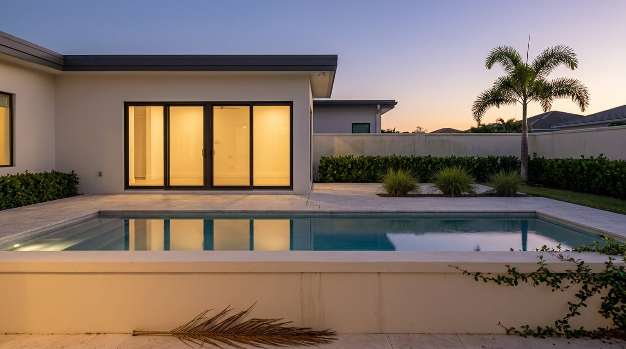 Pool reflecting warm light from glass doors, with a foxtail palm above the garden wall.