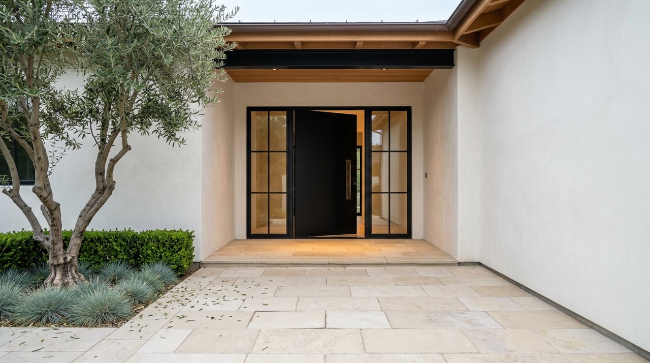 Recessed stucco entry with an open black steel door, warm-lit threshold, olive tree, and limestone pavers.