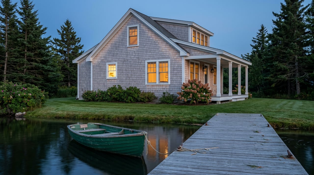 A weathered dock and empty green rowboat face a shingle cottage glowing warmly at dusk, framed by conifers.